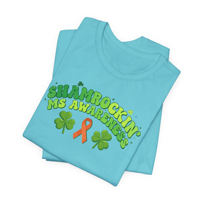 Shamrockin' MS Awareness T-Shirt - Groovy St. Patrick’s Day Multiple Sclerosis Warrior Shirt - Retro Spoonie Orange Ribbon Tee - Lucky Shamrock Awareness Gift