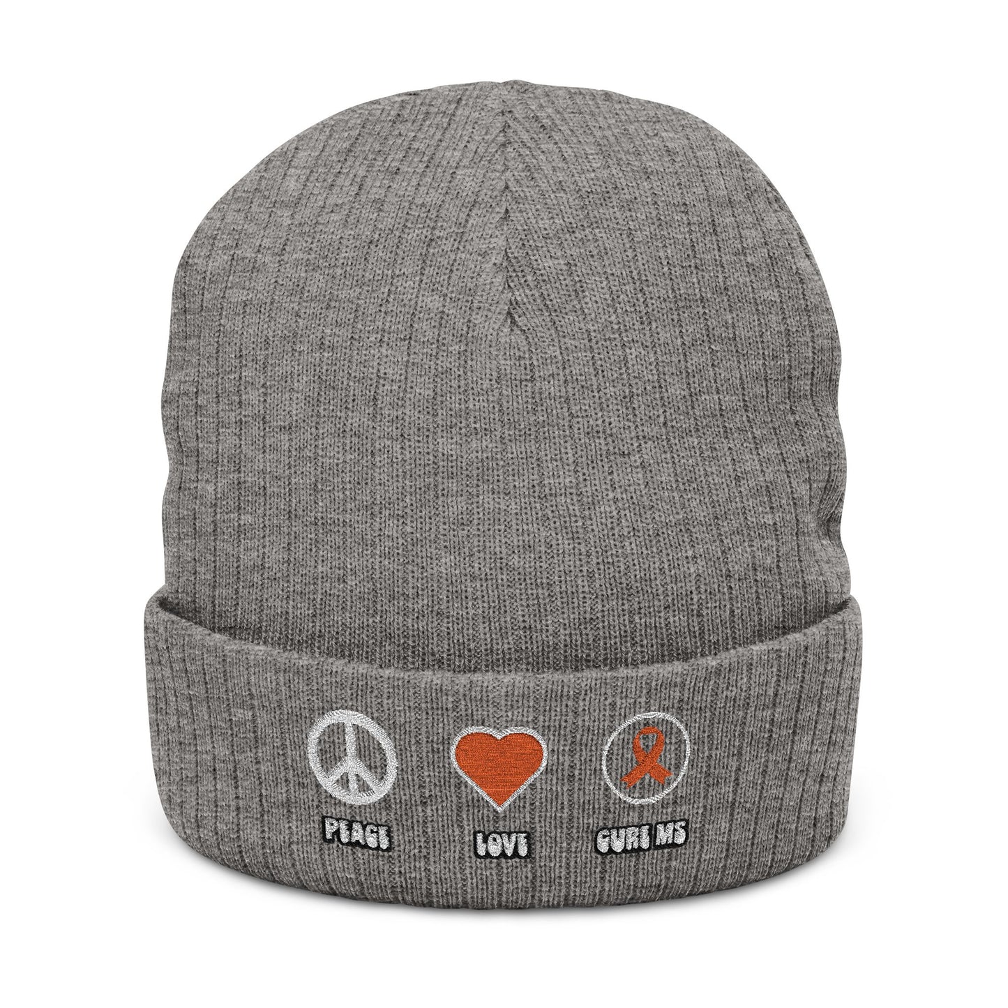 Peace Love Cure MS Embroidered Ribbed Knit Beanie - Love, Peace, Heart Design
