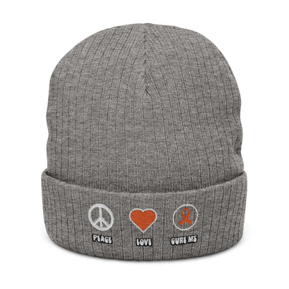 Peace Love Cure MS Embroidered Ribbed Knit Beanie - Love, Peace, Heart Design