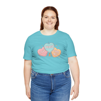 MS Awareness T-Shirt - Peace Love Cure MS Conversation Hearts - Multiple Sclerosis Warrior Gift - Pastel Retro Orange Ribbon Tee