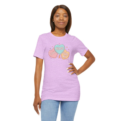 MS Awareness T-Shirt - Peace Love Cure MS Conversation Hearts - Multiple Sclerosis Warrior Gift - Pastel Retro Orange Ribbon Tee
