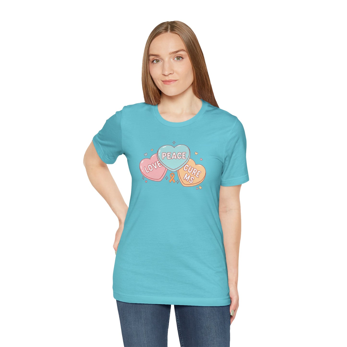 MS Awareness T-Shirt - Peace Love Cure MS Conversation Hearts - Multiple Sclerosis Warrior Gift - Pastel Retro Orange Ribbon Tee
