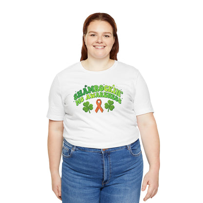 Shamrockin' MS Awareness T-Shirt - Groovy St. Patrick’s Day Multiple Sclerosis Warrior Shirt - Retro Spoonie Orange Ribbon Tee - Lucky Shamrock Awareness Gift