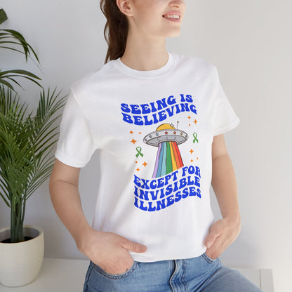 Invisible Illness Awareness Shirt – Retro Rainbow UFO Graphic Tee Charity Shirt, Unisex, Gift for Supporters, Fundraising Apparel