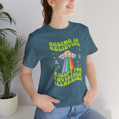 Invisible Illness Awareness Shirt – Retro Rainbow UFO Graphic Tee Charity Shirt, Unisex, Gift for Supporters, Fundraising Apparel